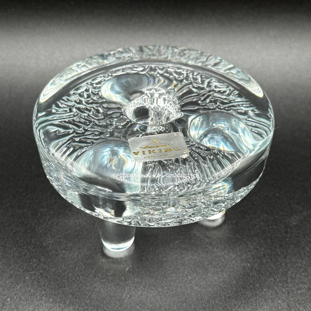 Viking Glass Vtg Handmade Clear Textured 3 Footed Tripod Taper Candle Holder MCM